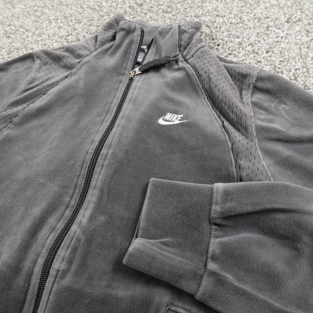 VTG‎ Nike Jacket Womens M Gray Velour Swoosh Zip Track Sweatshirt Athletic Y2K